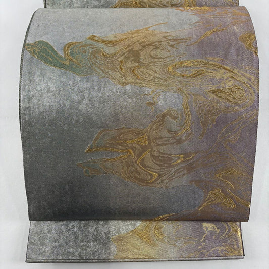 袋帶 秀品級 波 幾何學圖案 名錦二重金金箔 灰 深藍 六通 純蠶絲