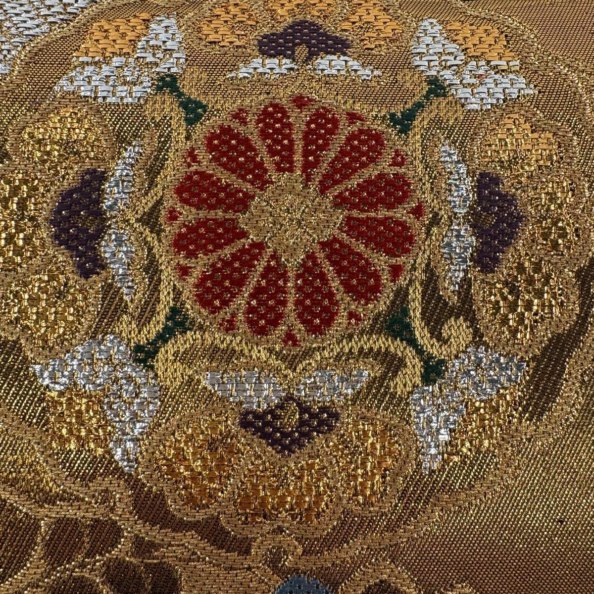 【美品】 袋帶 秀品級 菊花 雪芝 金金箔 金銀彩 金色 全通 純蠶絲