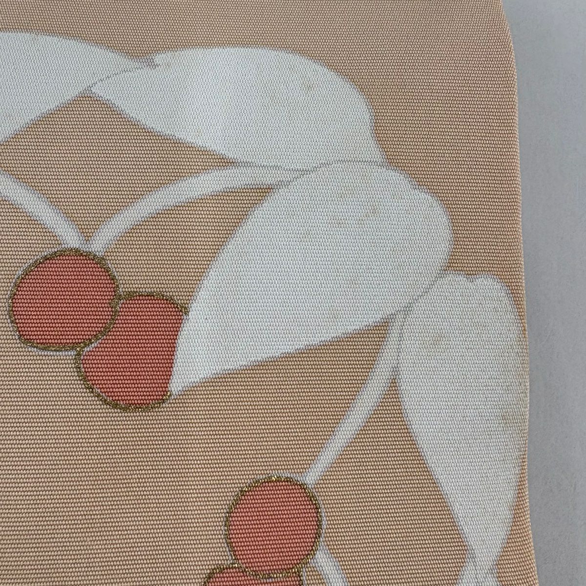 名古屋帶 秀品級 葉與果 金絲 金銀彩 淺橙色 純蠶絲