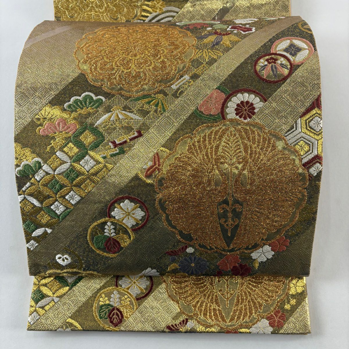 【美品】 袋帶 秀品級 大和 松樹竹子梅花 向鳥 唐織 金金箔 金色 六通 純蠶絲