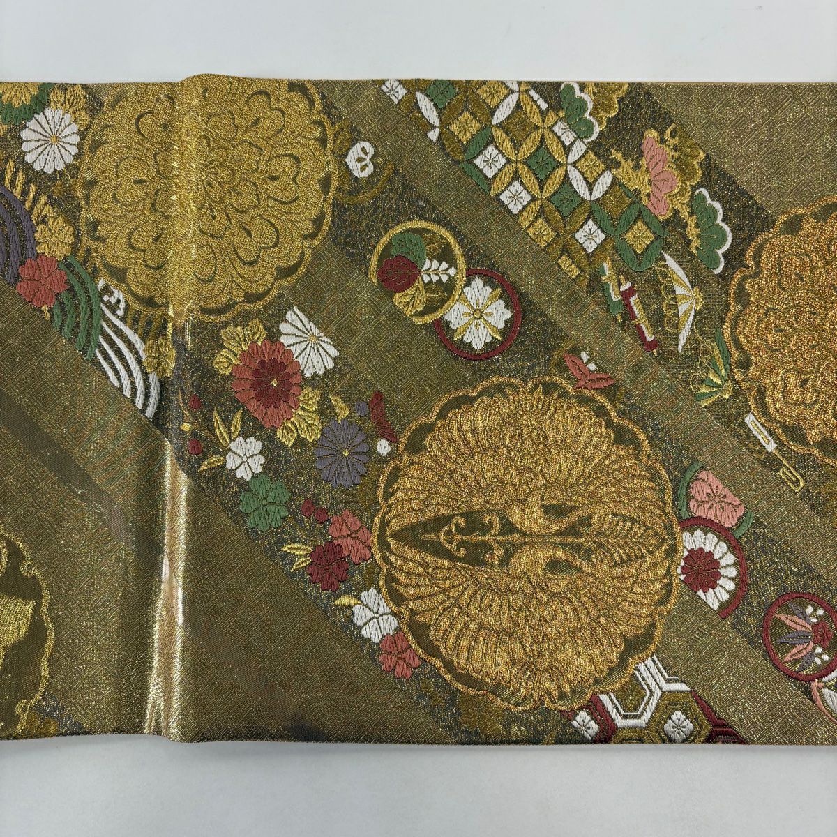 【美品】 袋帶 秀品級 大和 松樹竹子梅花 向鳥 唐織 金金箔 金色 六通 純蠶絲