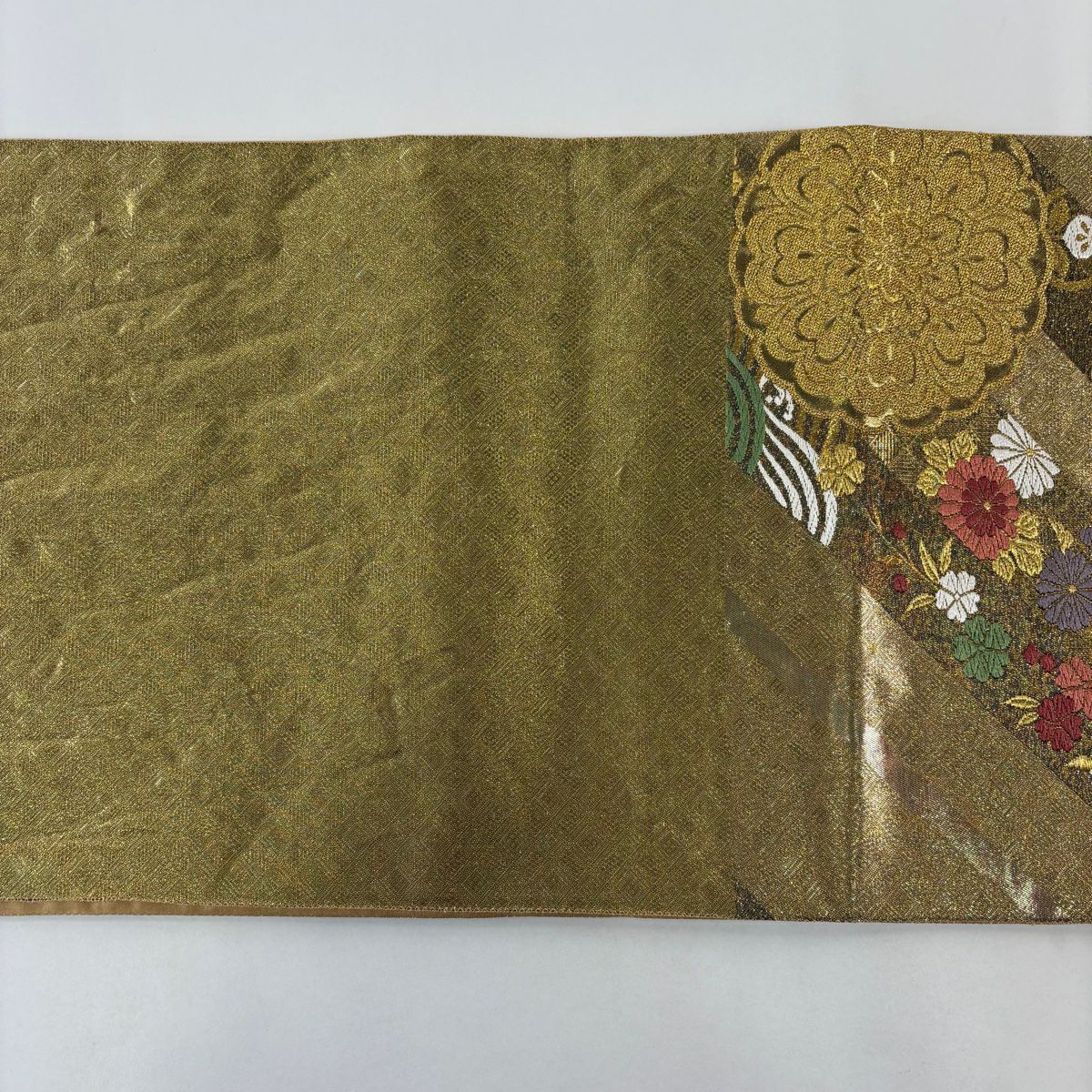 【美品】 袋帶 秀品級 大和 松樹竹子梅花 向鳥 唐織 金金箔 金色 六通 純蠶絲