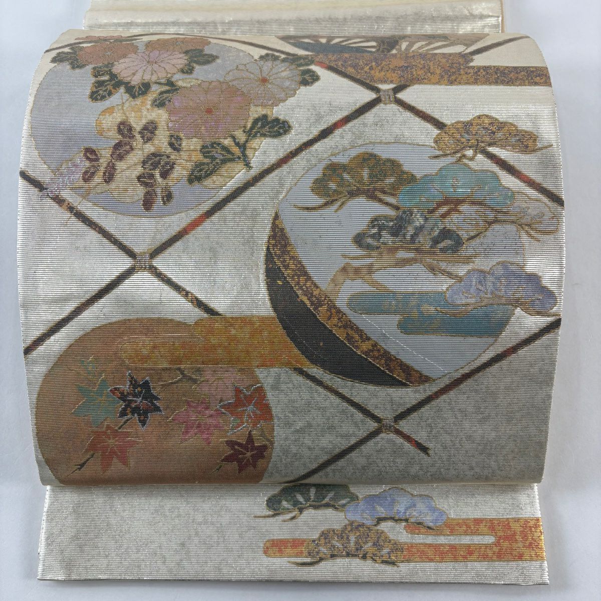 袋帶 秀品級 笠松樹 菊花 螺鈿 金金箔 金色 大鼓圖案 純蠶絲