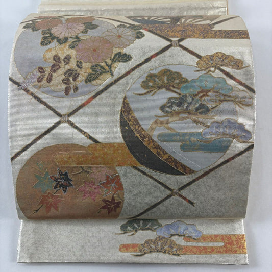 袋帶 秀品級 笠松樹 菊花 螺鈿 金金箔 金色 大鼓圖案 純蠶絲