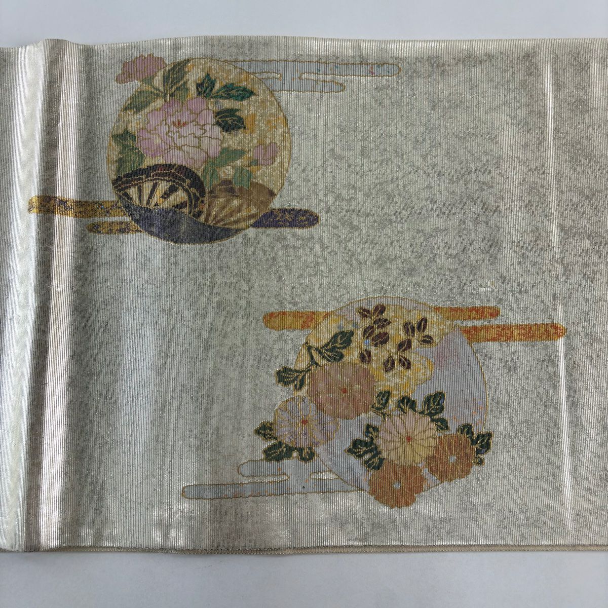 袋帶 秀品級 笠松樹 菊花 螺鈿 金金箔 金色 大鼓圖案 純蠶絲