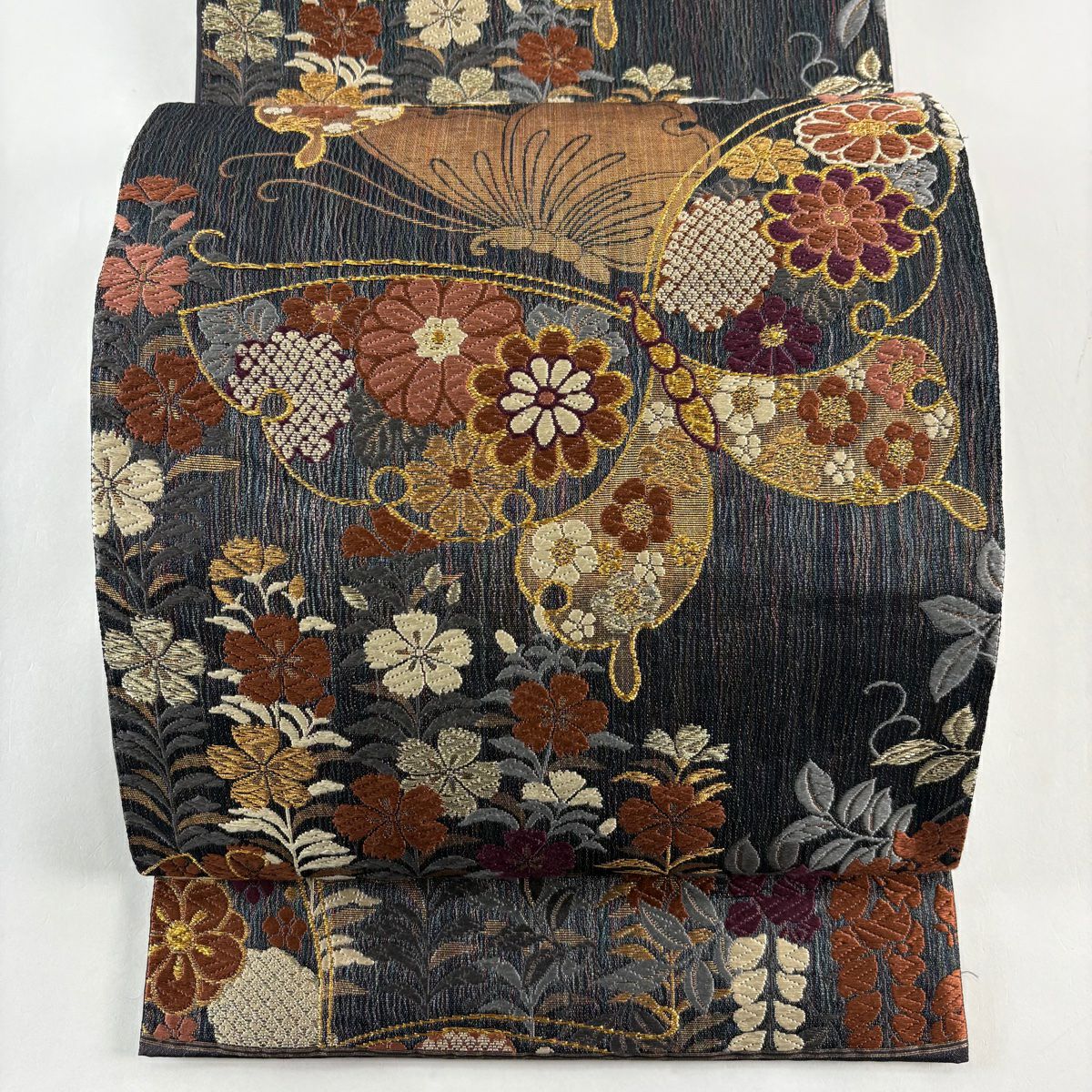 【美品】 袋帶 秀品級 蝶 撫子 金絲 刺繡 青黑 六通 純蠶絲