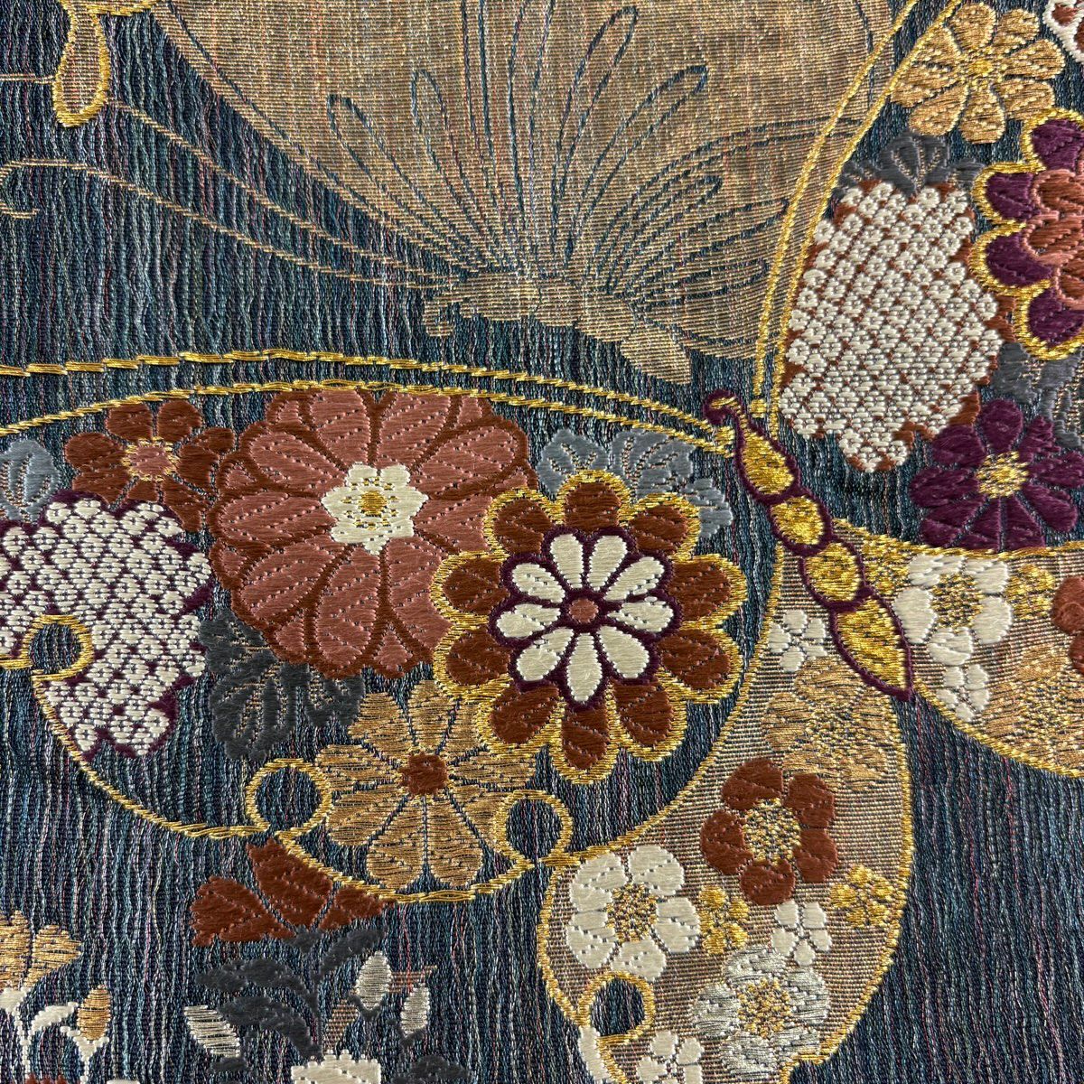 【美品】 袋帶 秀品級 蝶 撫子 金絲 刺繡 青黑 六通 純蠶絲