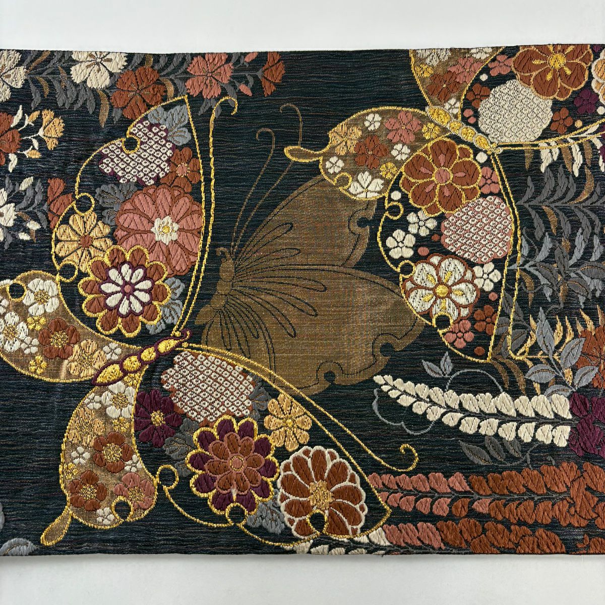 【美品】 袋帶 秀品級 蝶 撫子 金絲 刺繡 青黑 六通 純蠶絲
