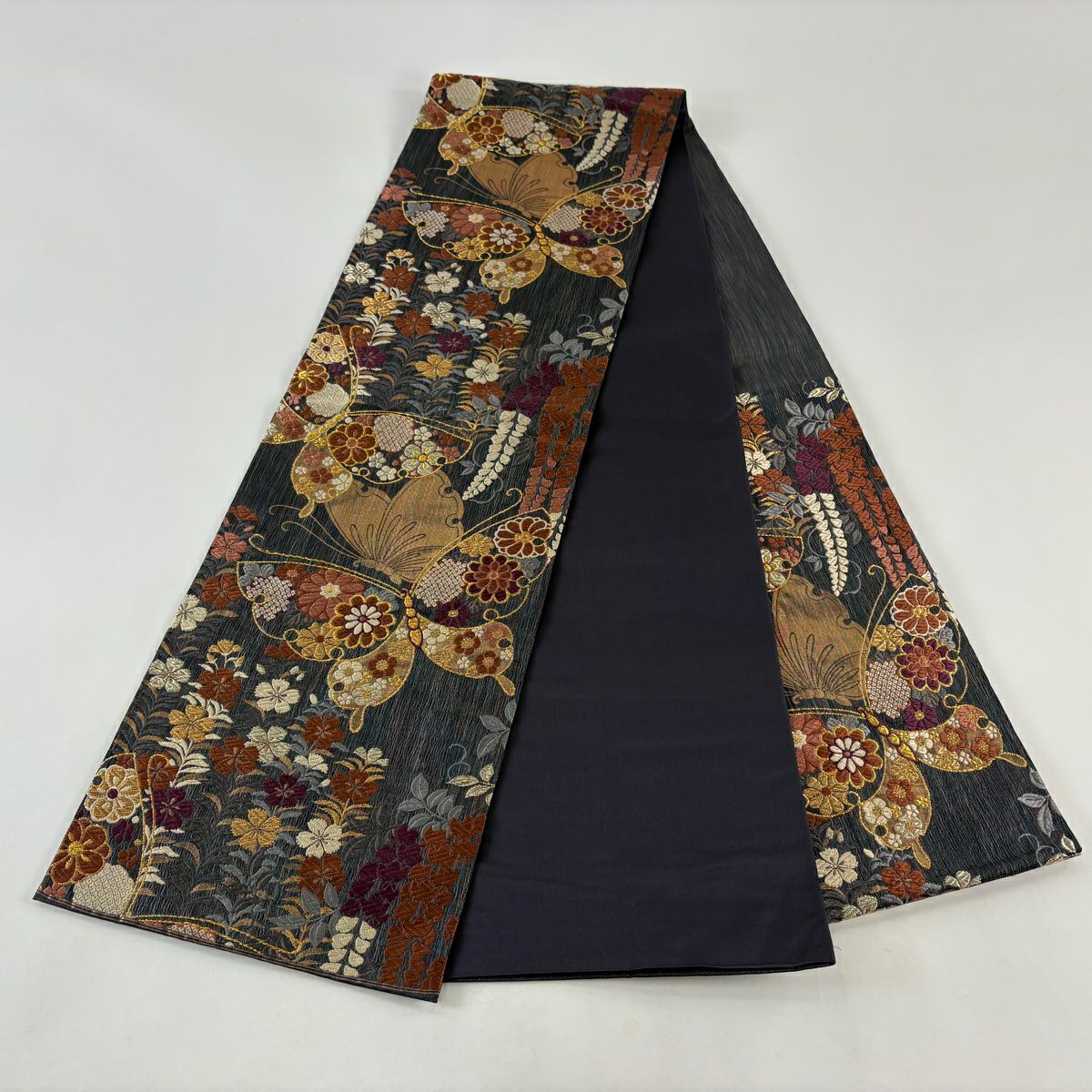【美品】 袋帶 秀品級 蝶 撫子 金絲 刺繡 青黑 六通 純蠶絲