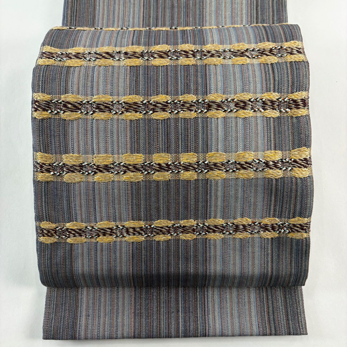 【美品】 袋帶 秀品級 條紋 金絲 刺繡 青灰 深藍色 紋樣 純蠶絲