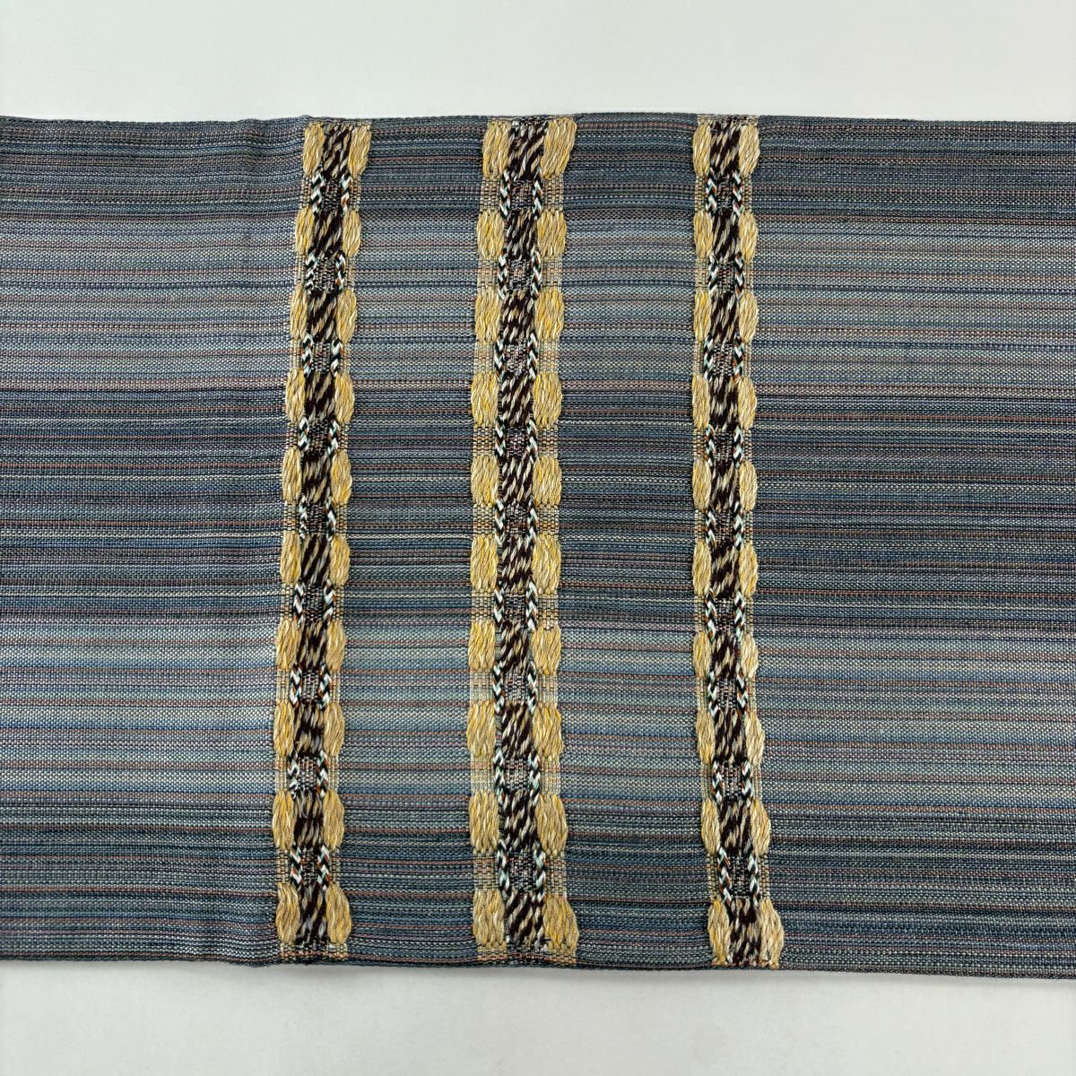 【美品】 袋帶 秀品級 條紋 金絲 刺繡 青灰 深藍色 紋樣 純蠶絲