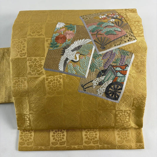 名古屋帶 秀品級 扇子子 仙鶴 刺繡 金線 米色 純蠶絲