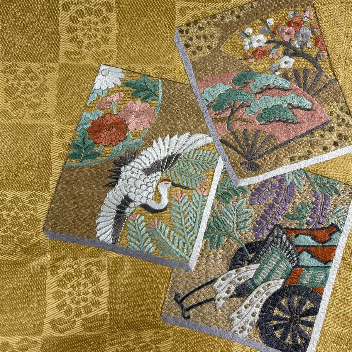 名古屋帶 秀品級 扇子子 仙鶴 刺繡 金線 米色 純蠶絲