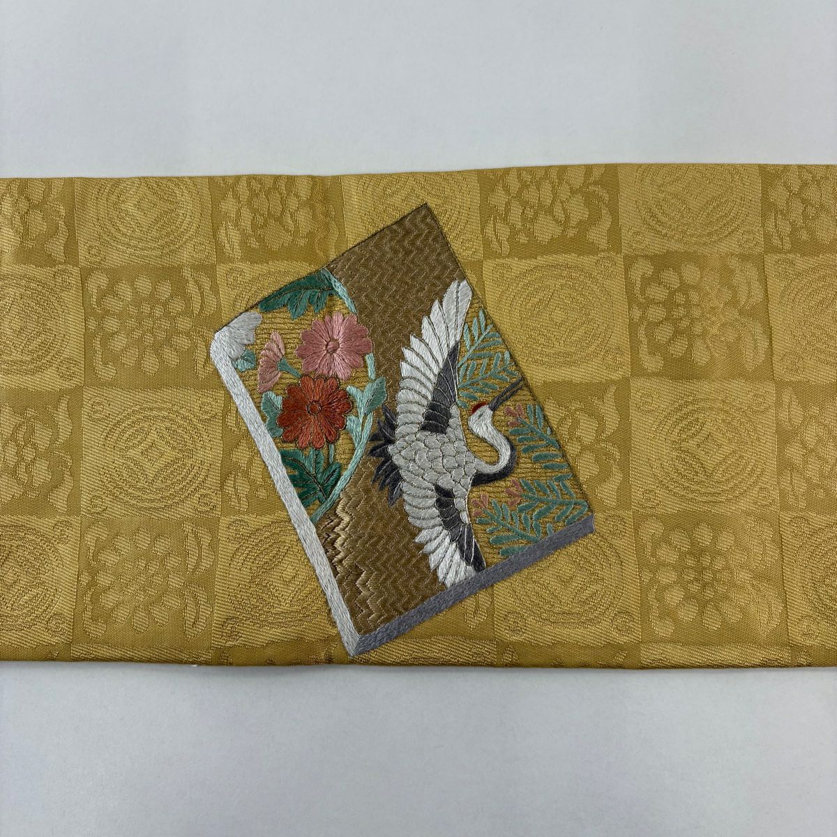 名古屋帶 秀品級 扇子子 仙鶴 刺繡 金線 米色 純蠶絲