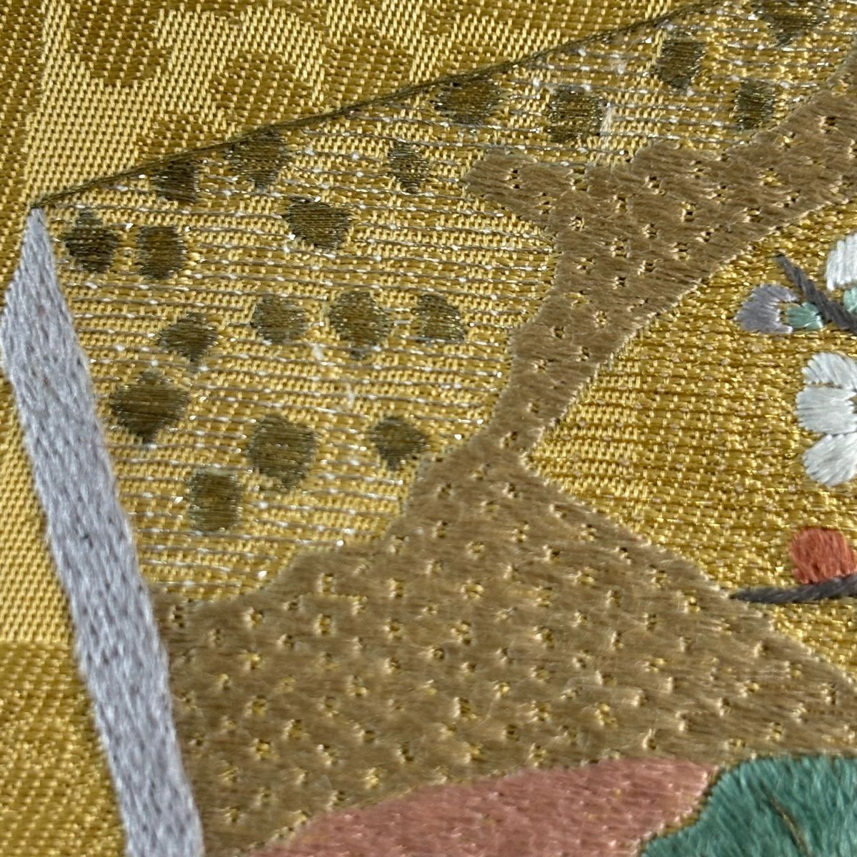 名古屋帶 秀品級 扇子子 仙鶴 刺繡 金線 米色 純蠶絲