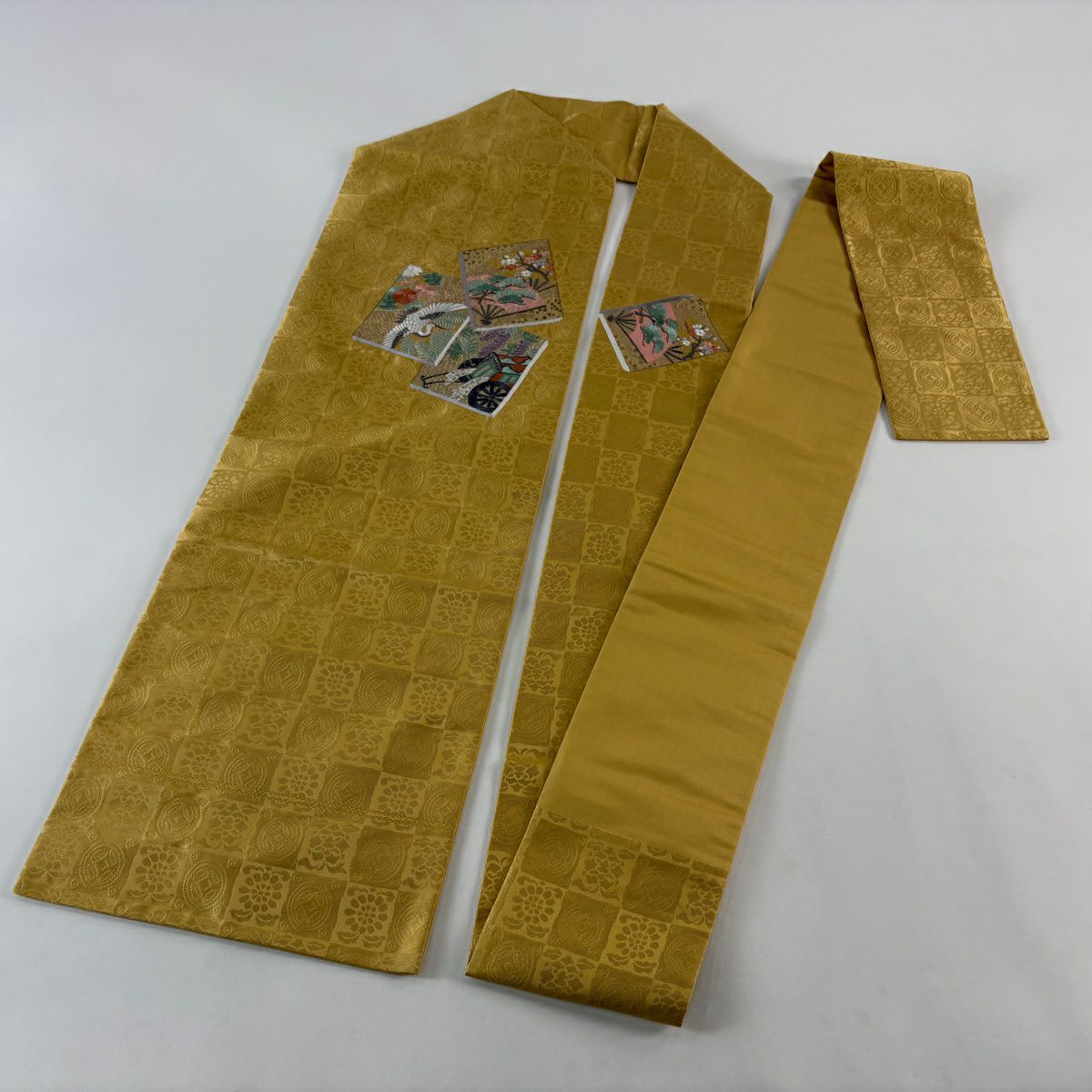 名古屋帶 秀品級 扇子子 仙鶴 刺繡 金線 米色 純蠶絲