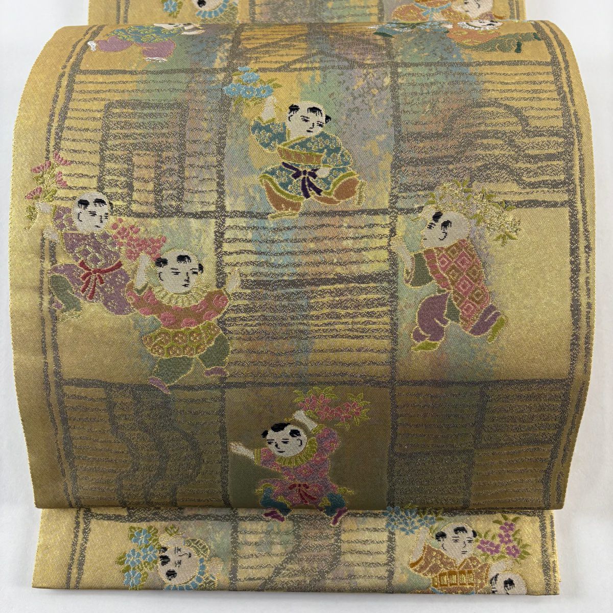 【美品】 袋帶 秀品級 證書齊全 人物 草花紋刺繡 金銀彩 金色 六通 純蠶絲