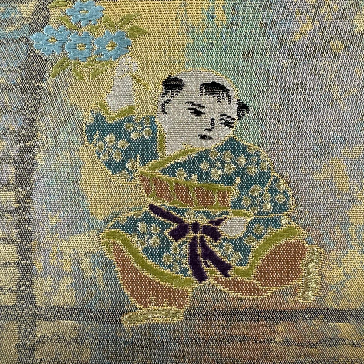 【美品】 袋帶 秀品級 證書齊全 人物 草花紋刺繡 金銀彩 金色 六通 純蠶絲