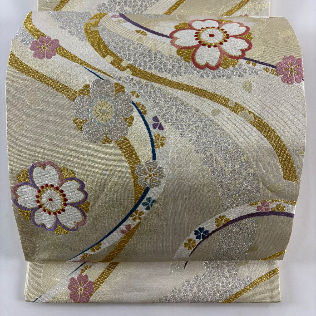 袋帶 秀品級櫻花 蔓帶 金銀線刺繡 金色 六通 純蠶絲