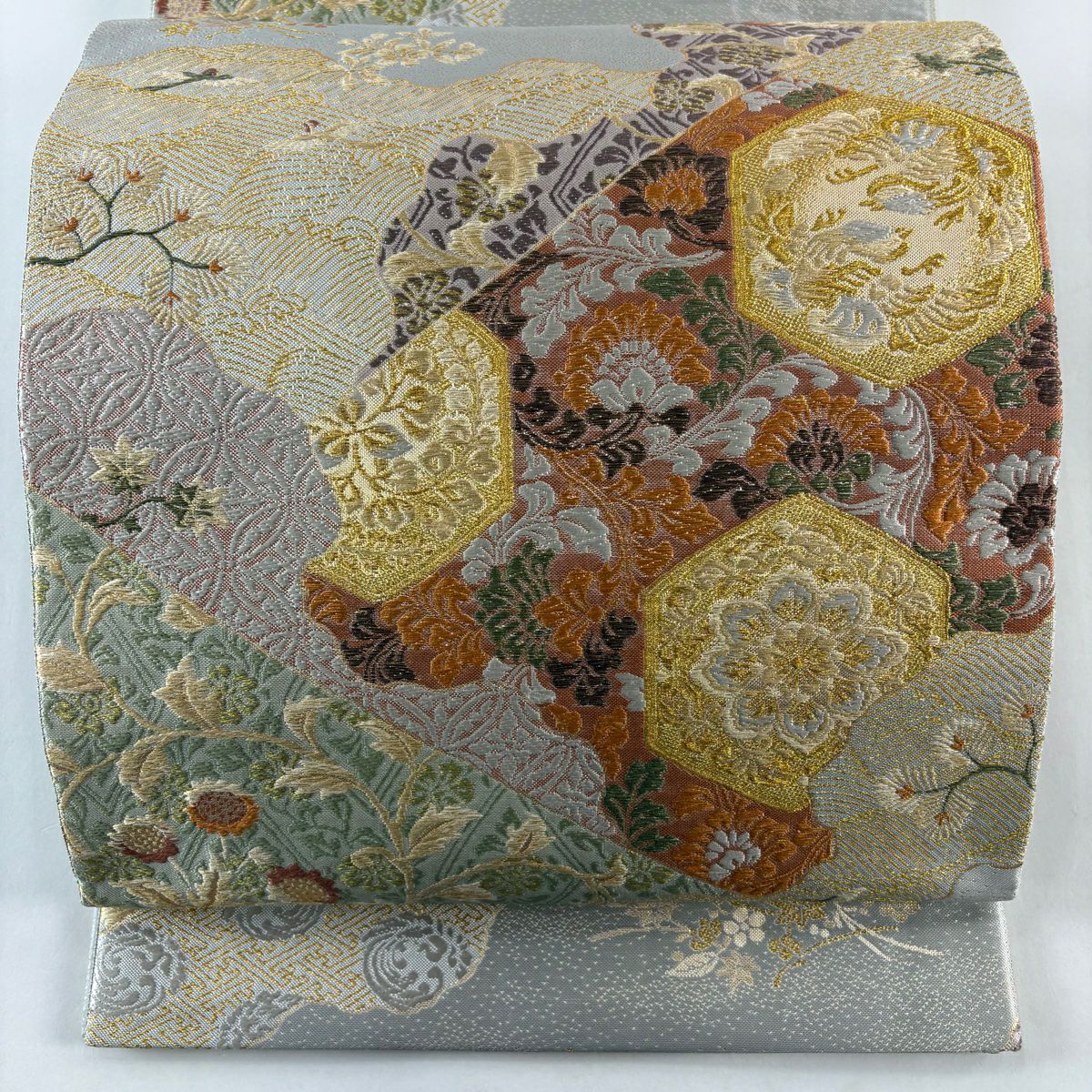 【美品】 袋帶 秀品級 華紋 花鳥 宮廷煌彩唐織 灰 深藍 六通 純蠶絲