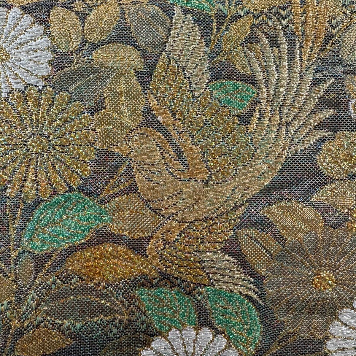 【美品】 袋帶 秀品級 鳥 草花紋 金金箔 黑灰 六通 純蠶絲