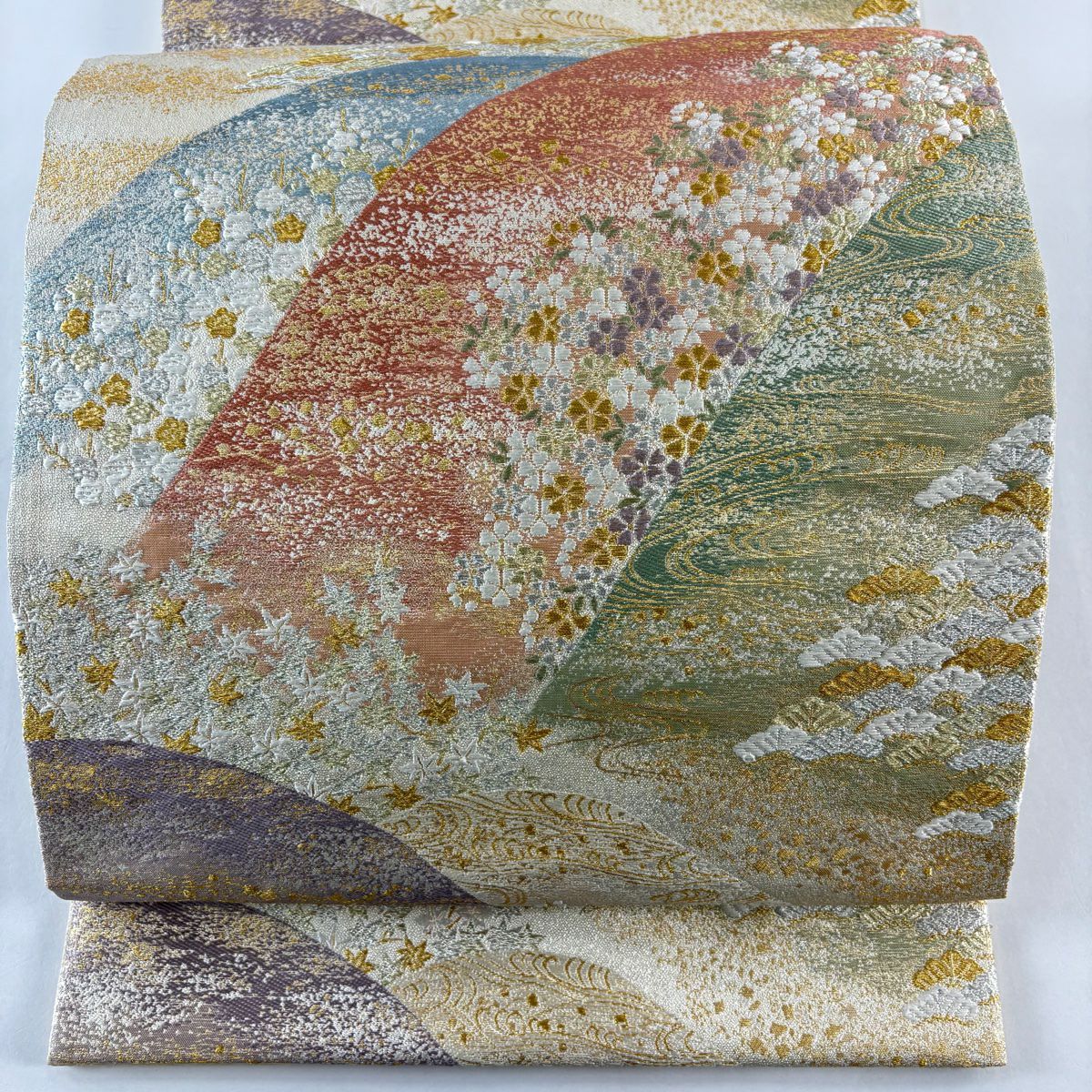 【美品】 袋帶 秀品級 落款あり 豊田宏一 仁清達山文 櫻花 金銀彩 刺繡 米色 六通 純蠶絲