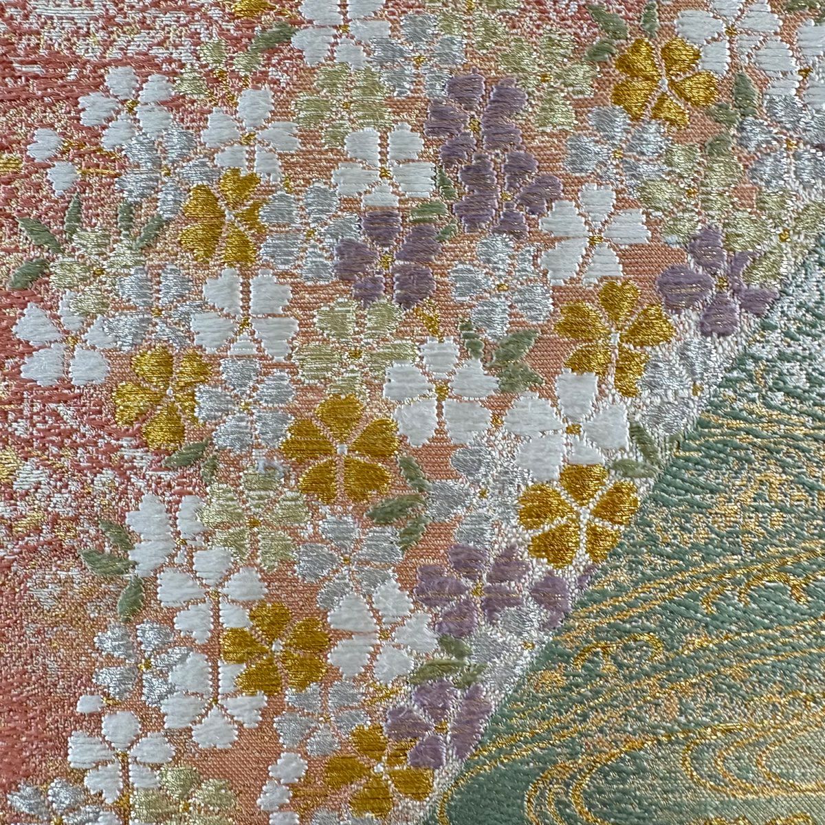 【美品】 袋帶 秀品級 落款あり 豊田宏一 仁清達山文 櫻花 金銀彩 刺繡 米色 六通 純蠶絲