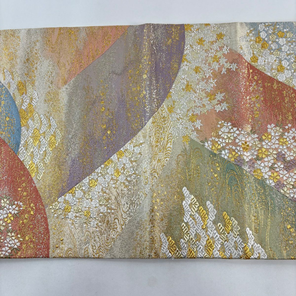 【美品】 袋帶 秀品級 落款あり 豊田宏一 仁清達山文 櫻花 金銀彩 刺繡 米色 六通 純蠶絲