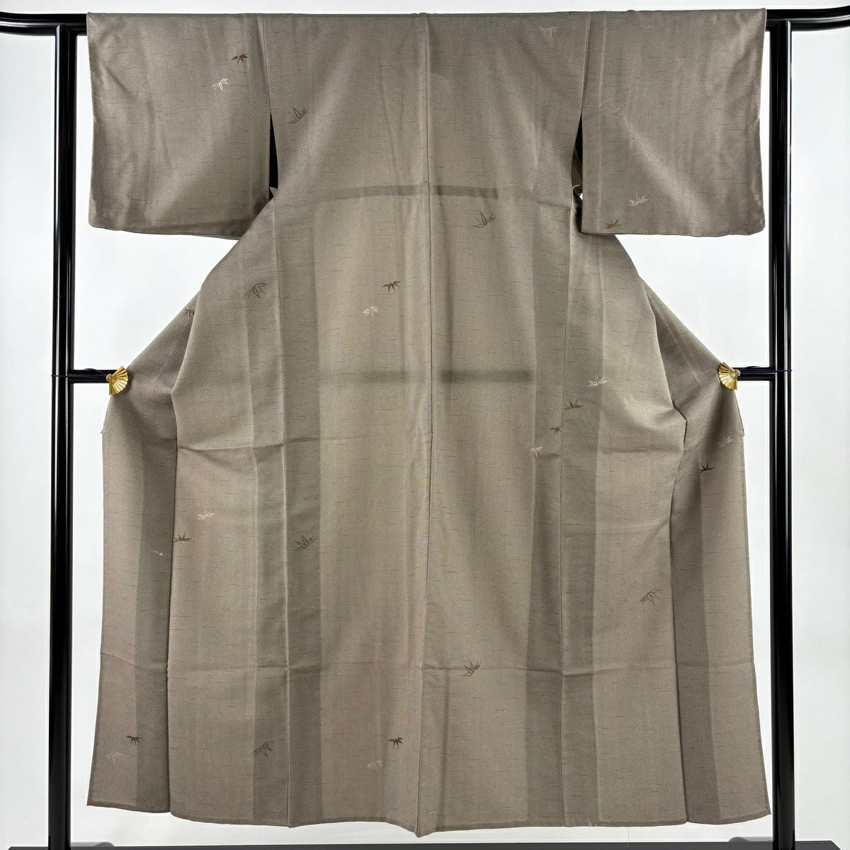 小紋 身長151.5cm 袖長61.5cm S 單層 竹子葉 幾何刺繡 灰茶 純蠶絲 優品級