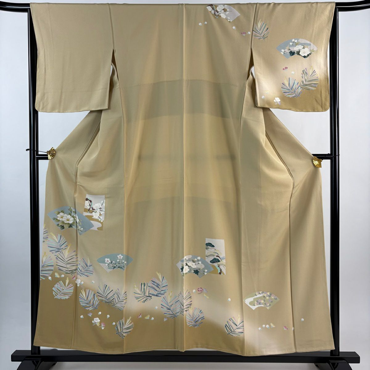 訪問服 身長154cm 袖長65cm M 雙層 椿 松樹梅花 金彩裝飾 漸層 淺茶 純蠶絲 優品級