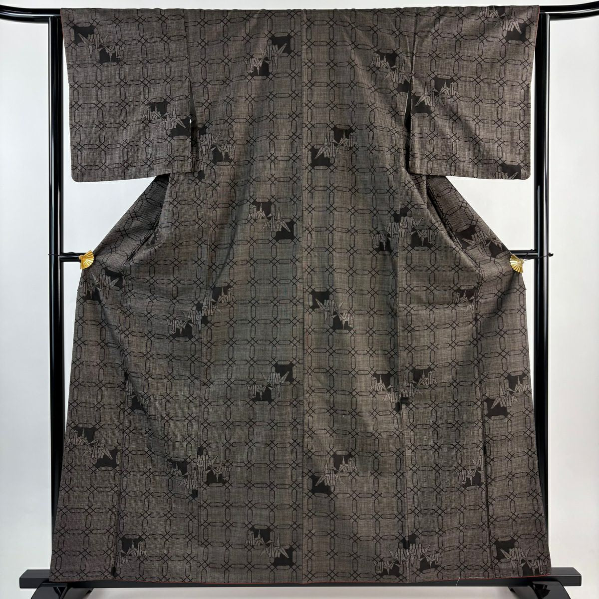 【美品】 紬織 身長161cm 袖長63cm S 雙層 折仙鶴 幾何學 焦茶 純蠶絲 秀品級