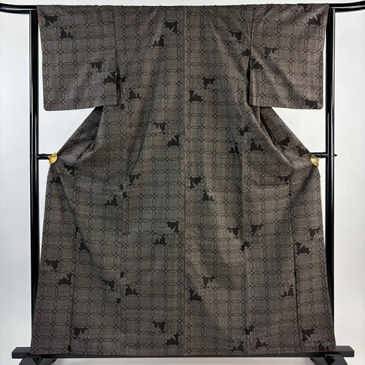【美品】 紬織 身長161cm 袖長63cm S 雙層 折仙鶴 幾何學 焦茶 純蠶絲 秀品級