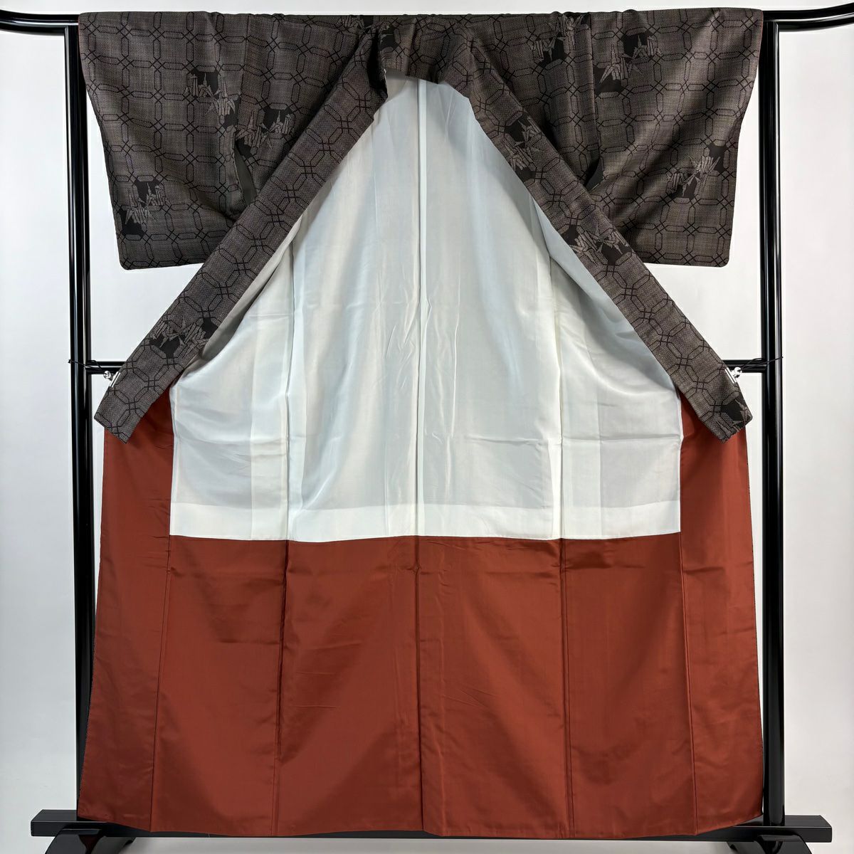 【美品】 紬織 身長161cm 袖長63cm S 雙層 折仙鶴 幾何學 焦茶 純蠶絲 秀品級