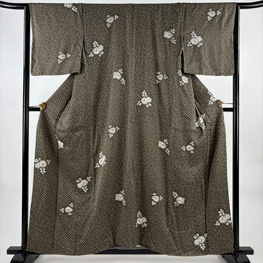 小紋 身長156.5cm 袖長64cm M 雙層 草花紋紋 幾何學 絞染 茶綠 純蠶絲 秀品級