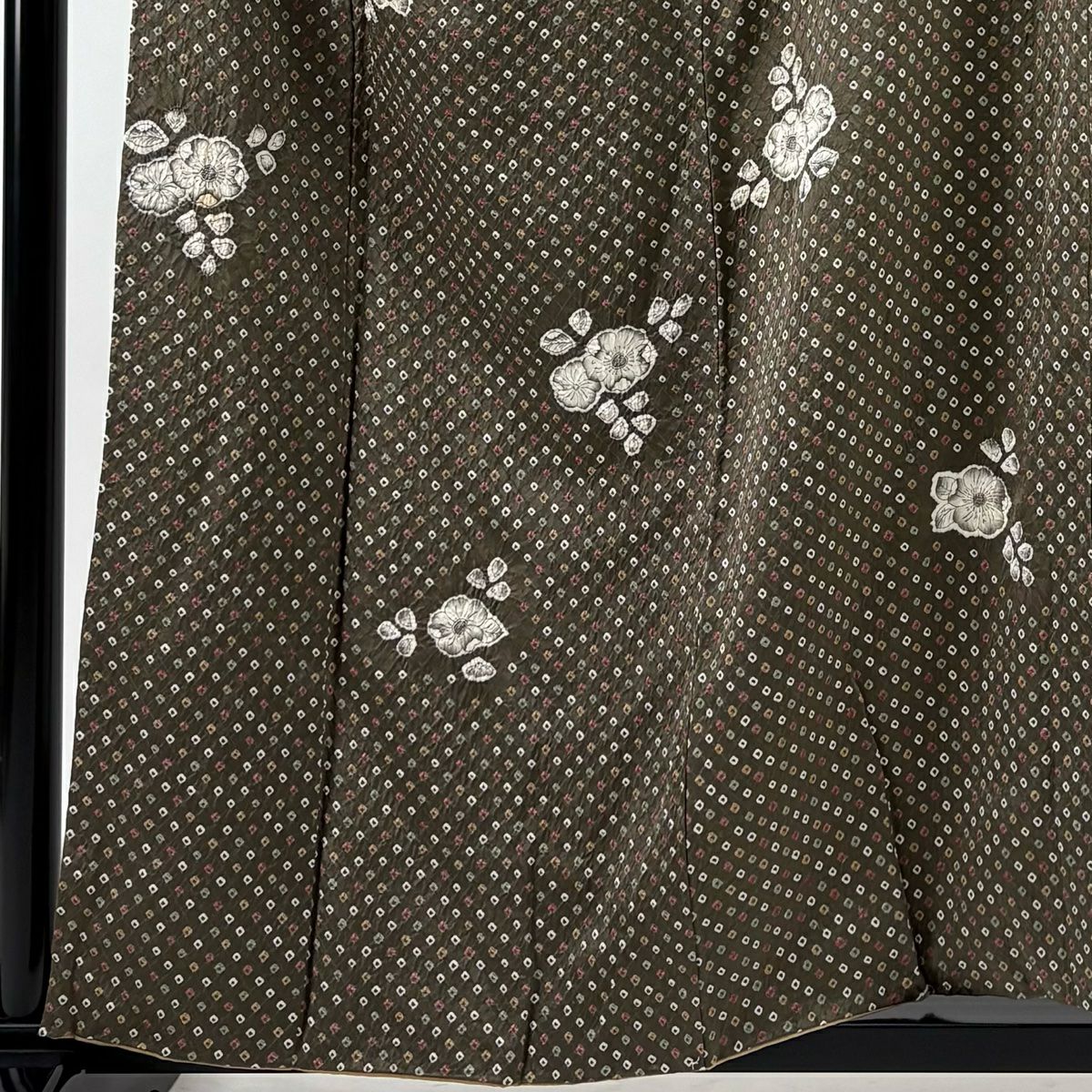 小紋 身長156.5cm 袖長64cm M 雙層 草花紋紋 幾何學 絞染 茶綠 純蠶絲 秀品級