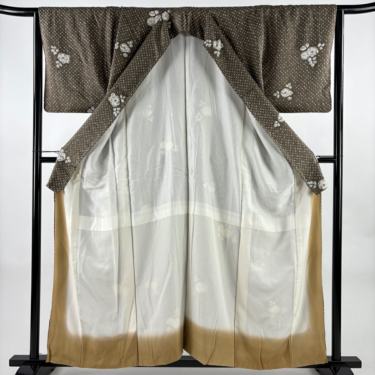 小紋 身長156.5cm 袖長64cm M 雙層 草花紋紋 幾何學 絞染 茶綠 純蠶絲 秀品級