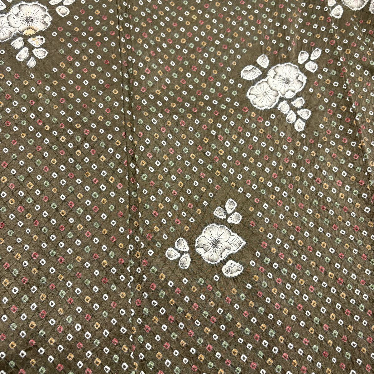 小紋 身長156.5cm 袖長64cm M 雙層 草花紋紋 幾何學 絞染 茶綠 純蠶絲 秀品級