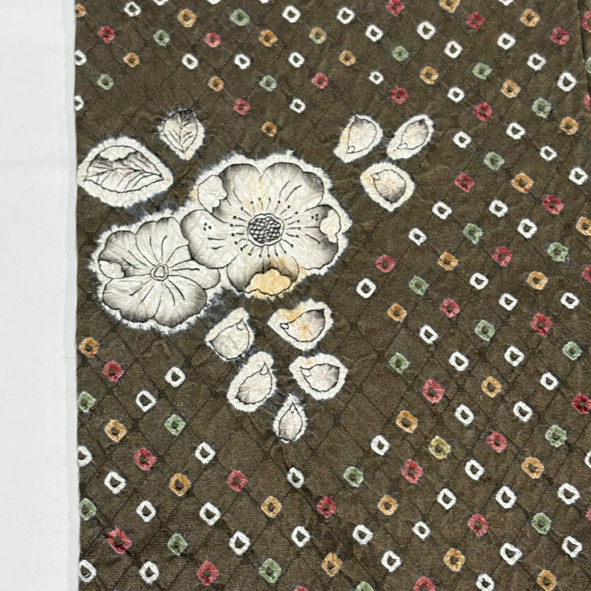 小紋 身長156.5cm 袖長64cm M 雙層 草花紋紋 幾何學 絞染 茶綠 純蠶絲 秀品級