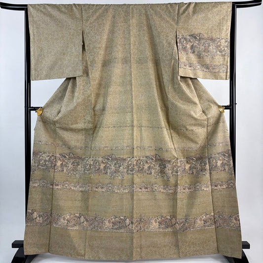 【美品】 付下 身長167cm 袖長65cm M 雙層 紬織織 建物 草花紋紋 金銀彩 灰綠 純蠶絲 秀品級