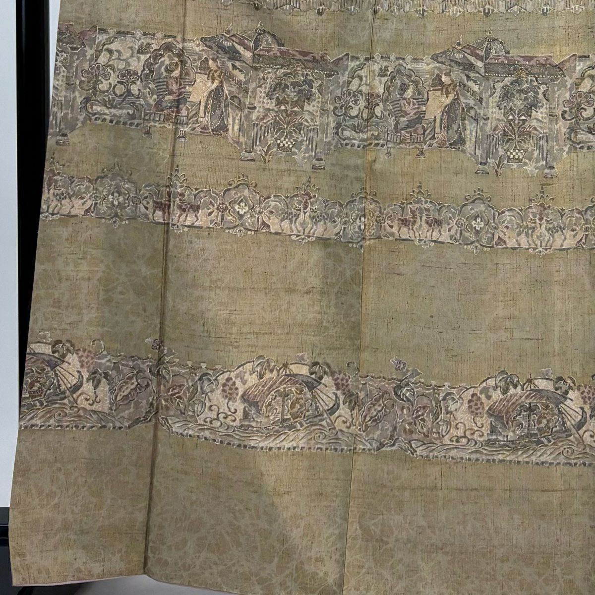 【美品】 付下 身長167cm 袖長65cm M 雙層 紬織織 建物 草花紋紋 金銀彩 灰綠 純蠶絲 秀品級