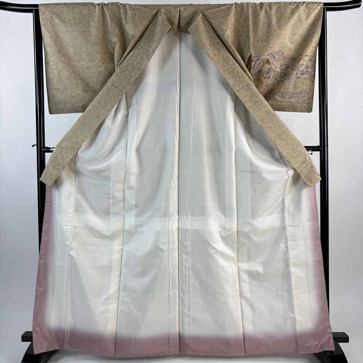 【美品】 付下 身長167cm 袖長65cm M 雙層 紬織織 建物 草花紋紋 金銀彩 灰綠 純蠶絲 秀品級