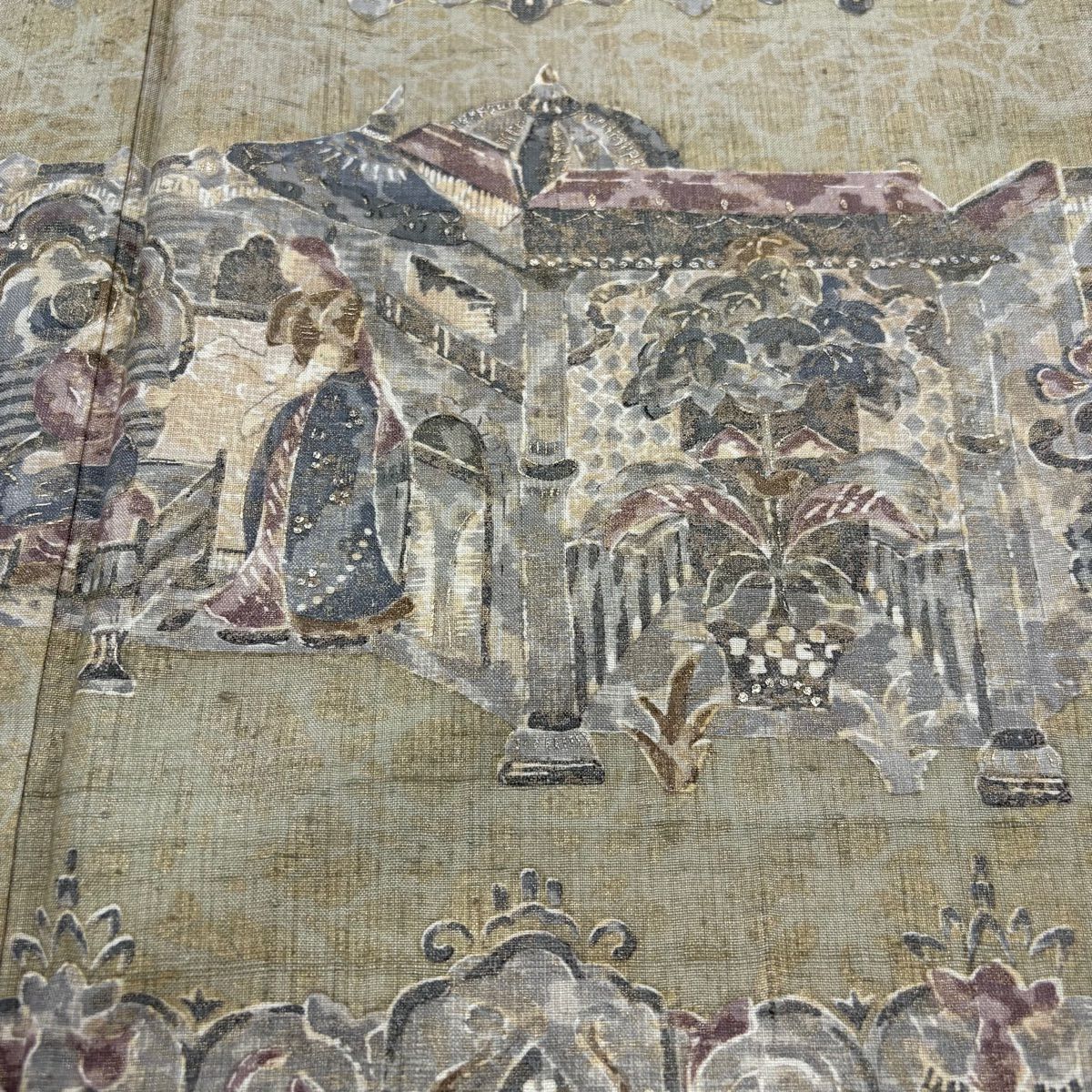 【美品】 付下 身長167cm 袖長65cm M 雙層 紬織織 建物 草花紋紋 金銀彩 灰綠 純蠶絲 秀品級