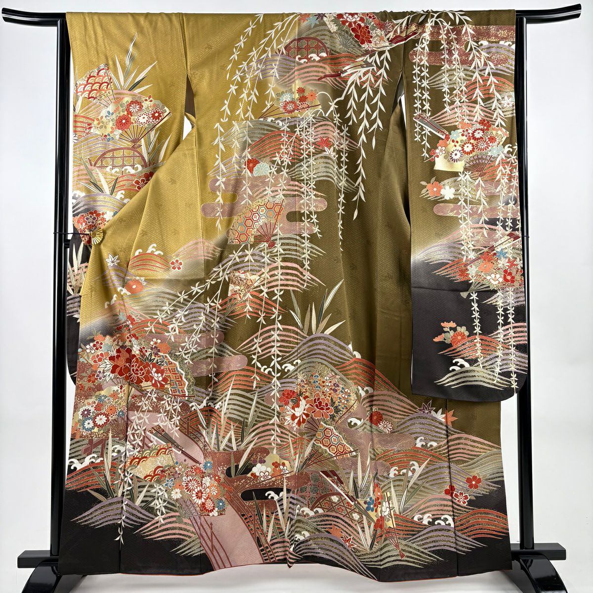 振袖禮服 身長161.5cm 袖長65.5cm M 雙層 牡丹 扇子 金絲 金銀彩 淺黃土 純蠶絲 優品級