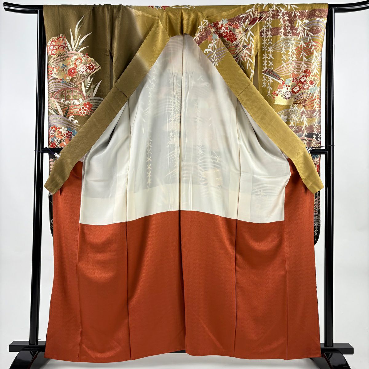 振袖禮服 身長161.5cm 袖長65.5cm M 雙層 牡丹 扇子 金絲 金銀彩 淺黃土 純蠶絲 優品級