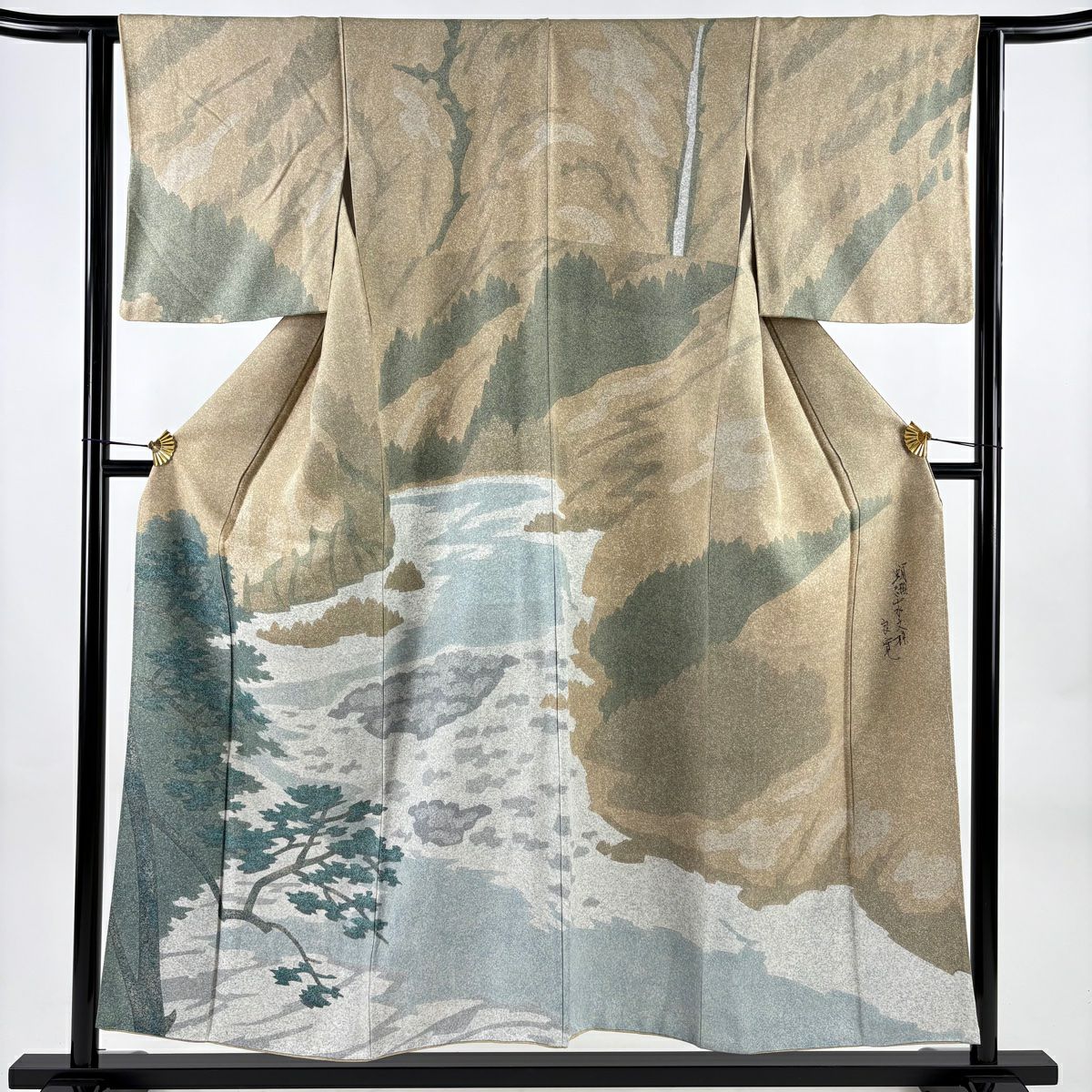 【美品】訪問服 身長152.5cm 袖長63cm S 雙層 風景 樹木 薄茶 純蠶絲 秀品級