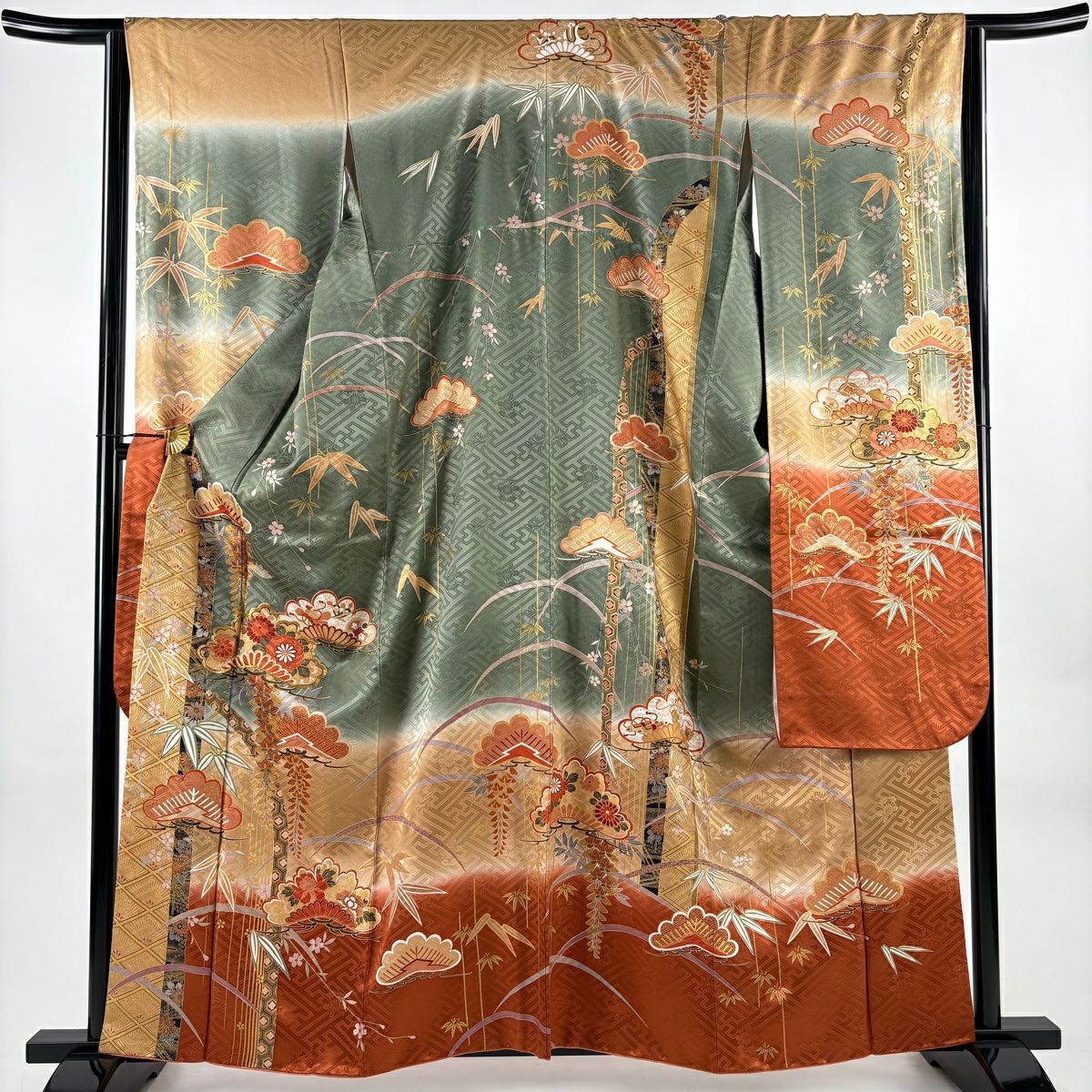 【美品】振袖禮服 身長161cm 袖長65cm M 雙層 松樹竹子 寶盡くし 金絲 金銀彩 灰綠 純蠶絲 秀品級
