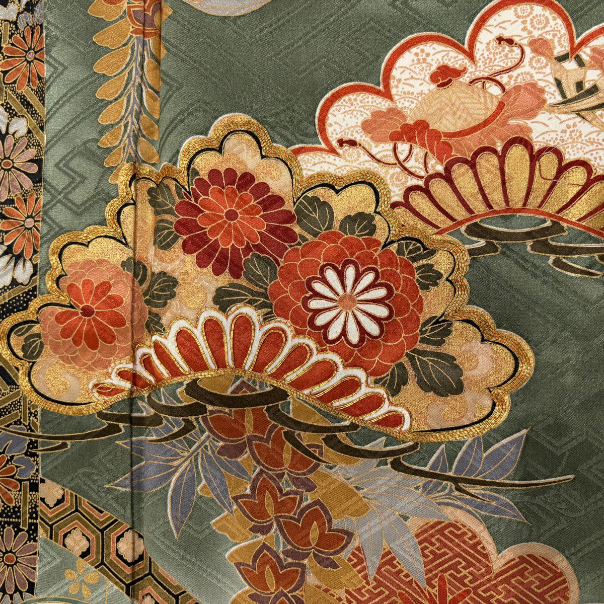 【美品】振袖禮服 身長161cm 袖長65cm M 雙層 松樹竹子 寶盡くし 金絲 金銀彩 灰綠 純蠶絲 秀品級