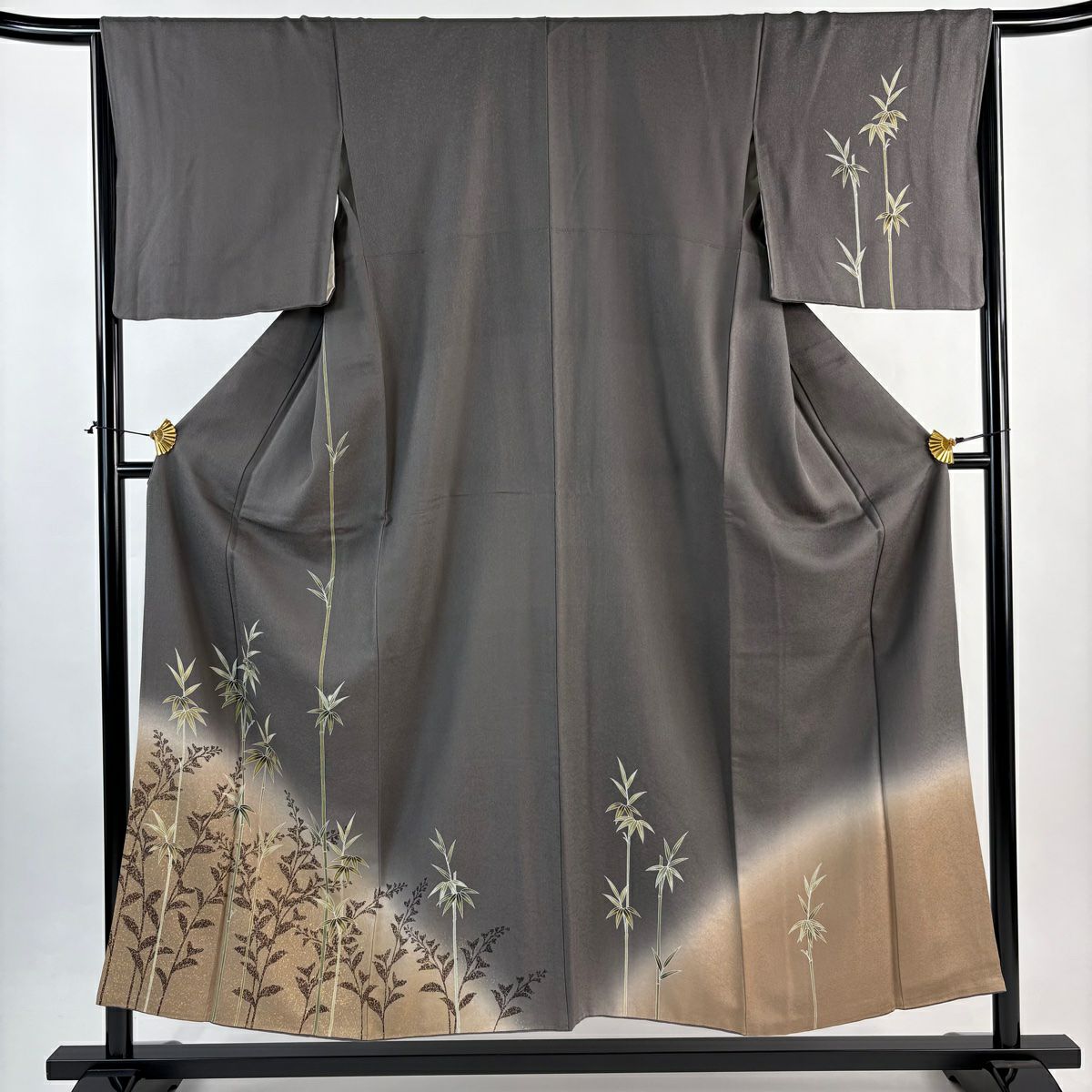 付下 身長153.5cm 袖長66cm M 雙層 竹子 草花紋紋 金彩裝飾 漸層 灰色 純蠶絲 優品級