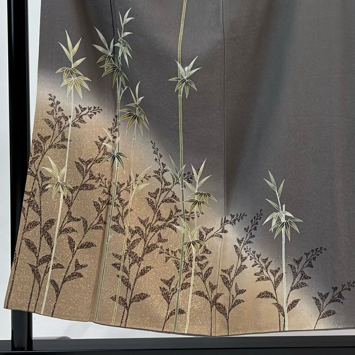 付下 身長153.5cm 袖長66cm M 雙層 竹子 草花紋紋 金彩裝飾 漸層 灰色 純蠶絲 優品級