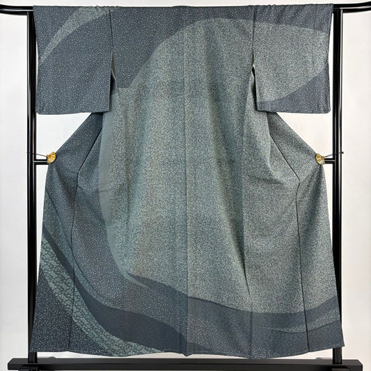 【美品】訪問服 身長153cm 袖長64.5cm M 雙層 紬織織 花唐草紋 幾何學 染分 灰綠 純蠶絲 秀品級